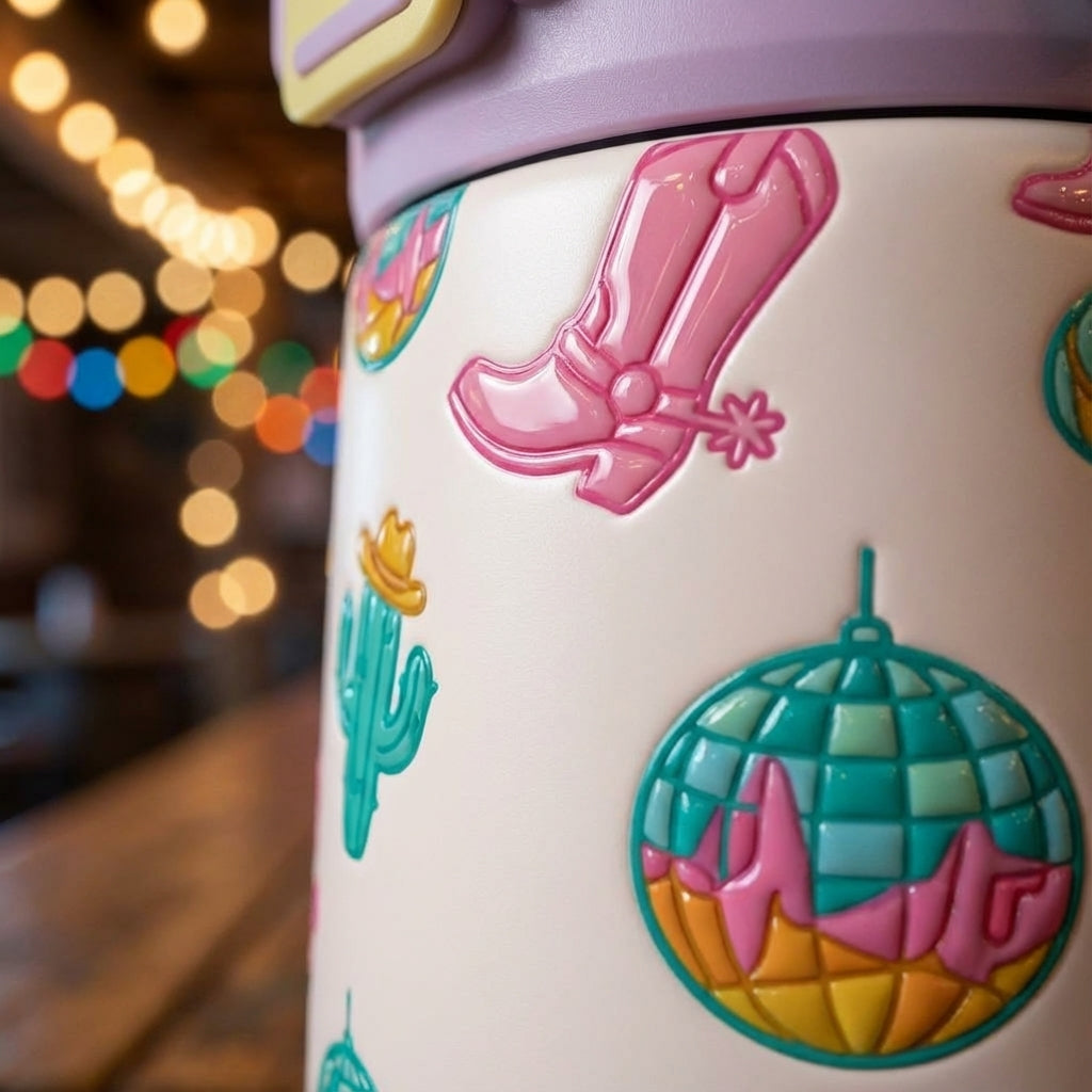 Detail shot - LAMOSE Goose 14 oz kids water bottle with lavender lid and white body featuring pink cowboy boots, cacti, and disco balls pattern on rustic wood.