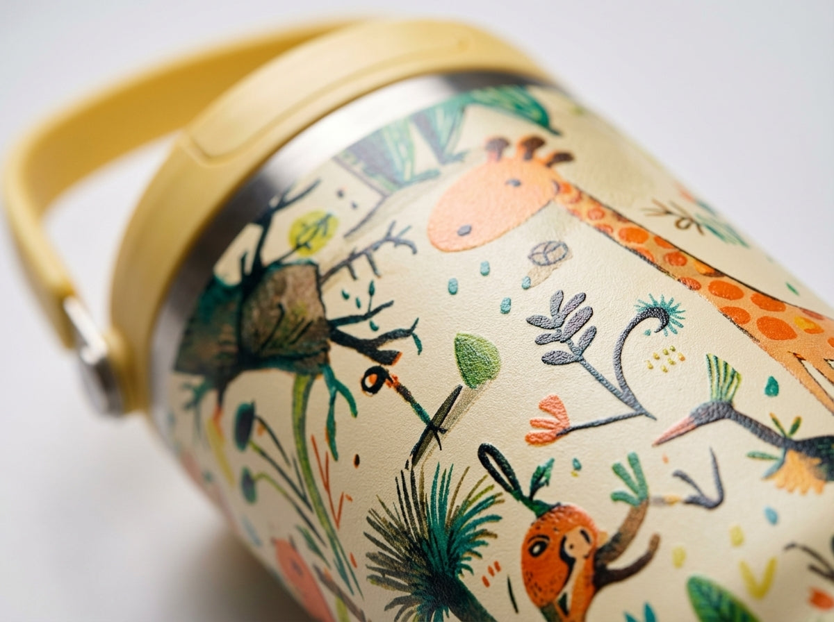 Detail shot - LAMOSE Cascade 40oz tumbler featuring a cream background with illustrated giraffes, monkeys, and green trees, topped with a bright yellow lid and handle.