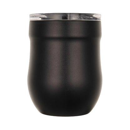 LAMOSE Onyx black Whistler wine tumbler with clear leakproof lid, premium stainless steel, front view.