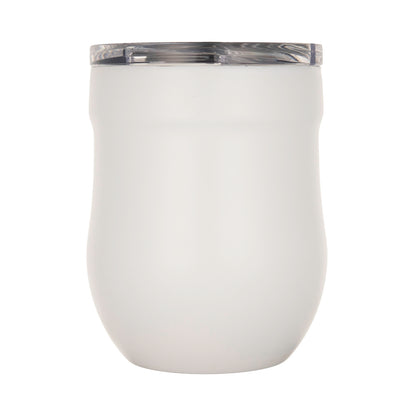 LAMOSE Whistler 16 oz Snow insulated wine tumbler. Front view of matte white stainless steel cup with clear sliding lid.