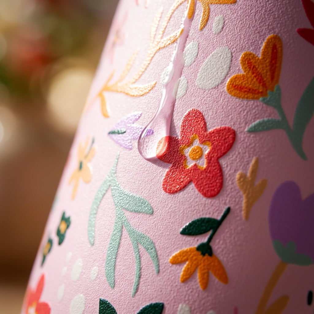 Detail shot - LAMOSE Whistler 16oz insulated wine tumbler featuring a light pink background with a colorful red, orange, and purple floral pattern.