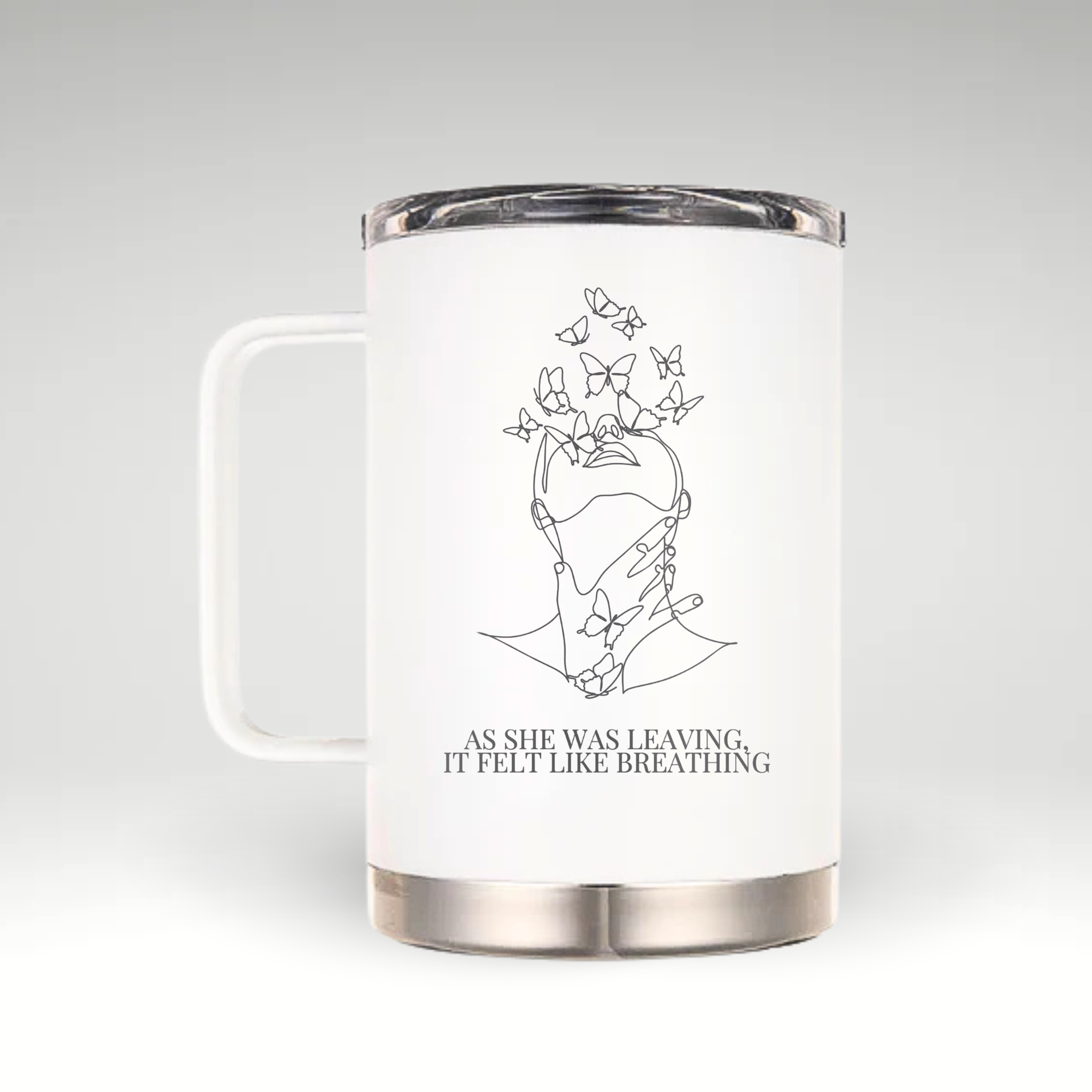 Elegant Butterfly Transformation Insulated Mug Insulated mug with minimalistic line art of person and butterflies representing transformation. #color_snow