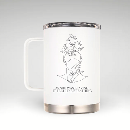 Elegant Butterfly Transformation Insulated Mug Insulated mug with minimalistic line art of person and butterflies representing transformation. 