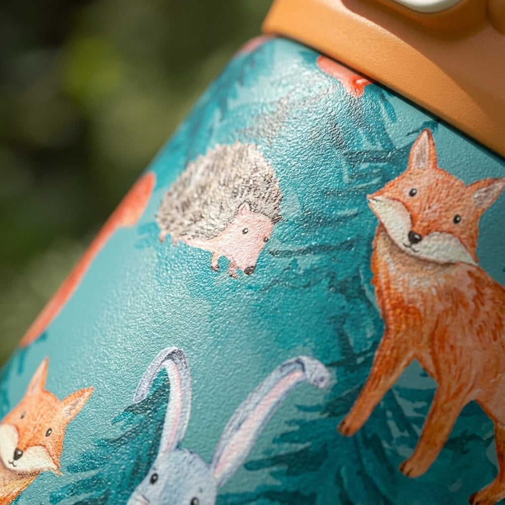 Detail shot - LAMOSE Goose 14oz kids water bottle featuring a teal body with foxes, squirrels, rabbits, owls, and hedgehogs, with orange accents and a gray handle.