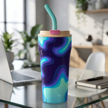 LAMOSE Bow 16oz tumbler featuring abstract topographic layers in deep purple, vibrant blue, and teal with a light tan lid and turquoise straw.