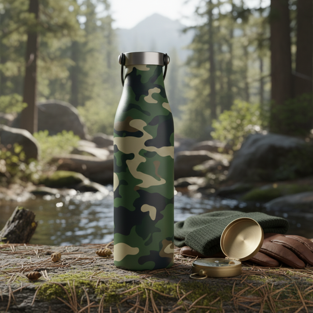 Robson 21 oz insulated water bottle featuring a classic green and brown camouflage pattern standing on a rock in a forest.