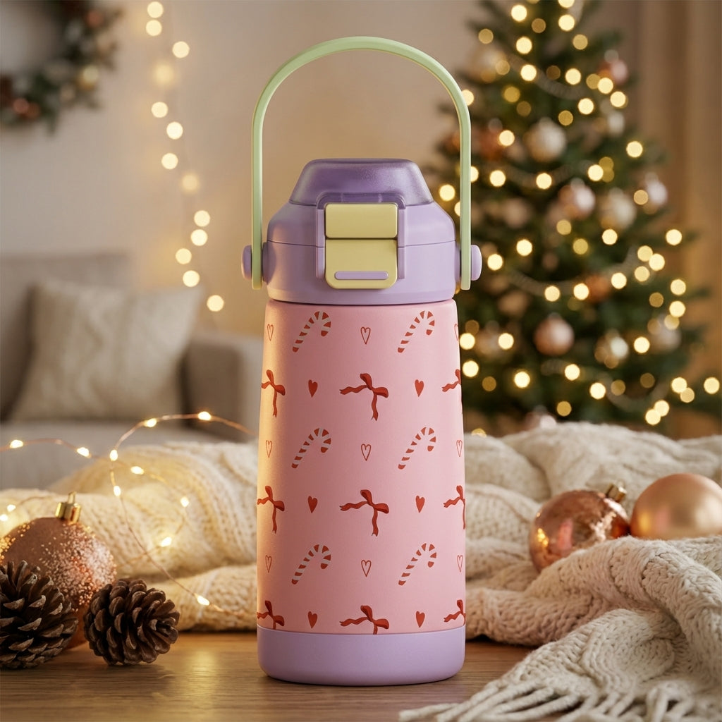 Pink LAMOSE Goose 14 oz kids water bottle with red hearts, bows, and candy cane pattern, lavender silicone boot, and green handle, set against a blurry Christmas tree background.