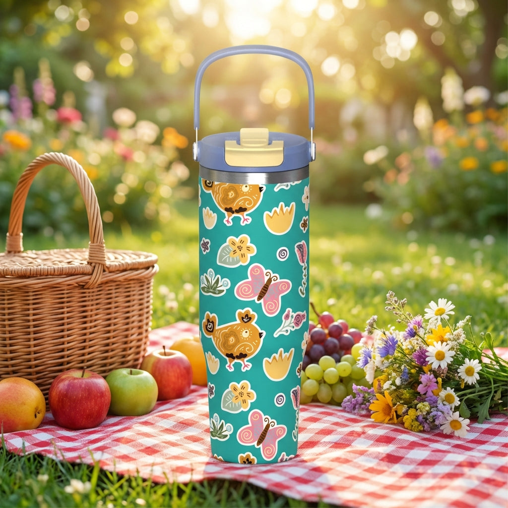 LAMOSE Cascade 40 oz tumbler in teal featuring stylized gold and pink chickens, butterflies, and floral patterns sitting on a picnic blanket.