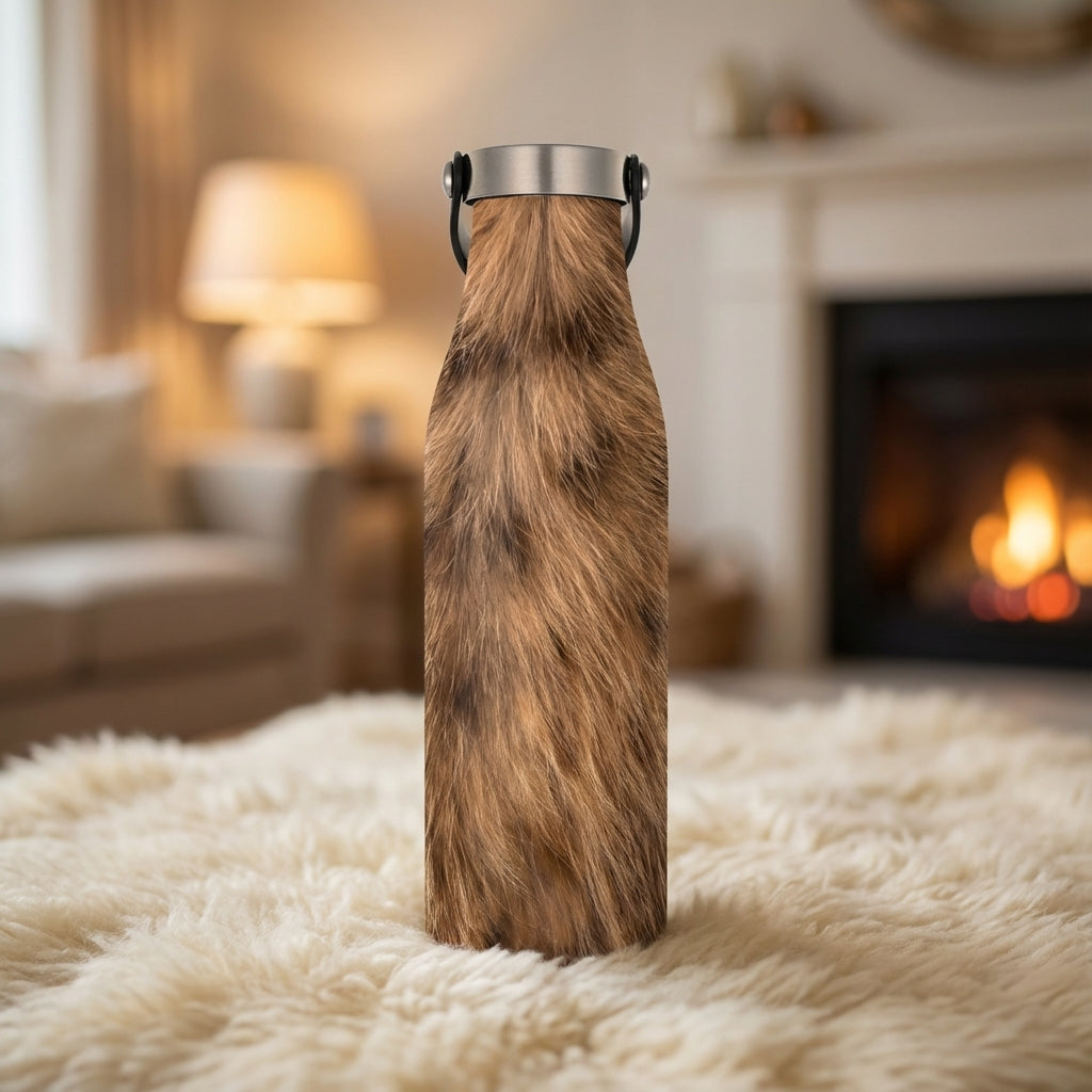 LAMOSE Robson 21 oz insulated water bottle featuring a realistic brown and black faux fur animal print texture placed on a cozy rug.