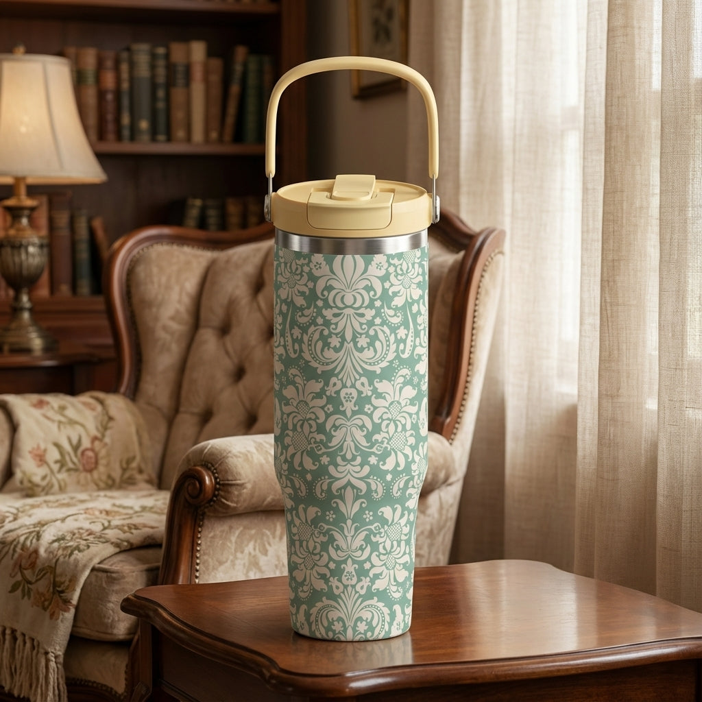 LAMOSE Cascade 40oz tumbler featuring an intricate off-white damask pattern on a sage green background, set in a vintage library.