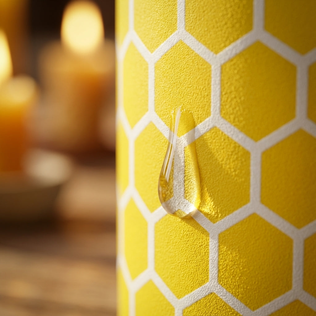 Detail shot - LAMOSE Grouse 34 oz yellow insulated tumbler featuring a white honeycomb geometric pattern, standing on a rustic wooden table next to a jar of honey.