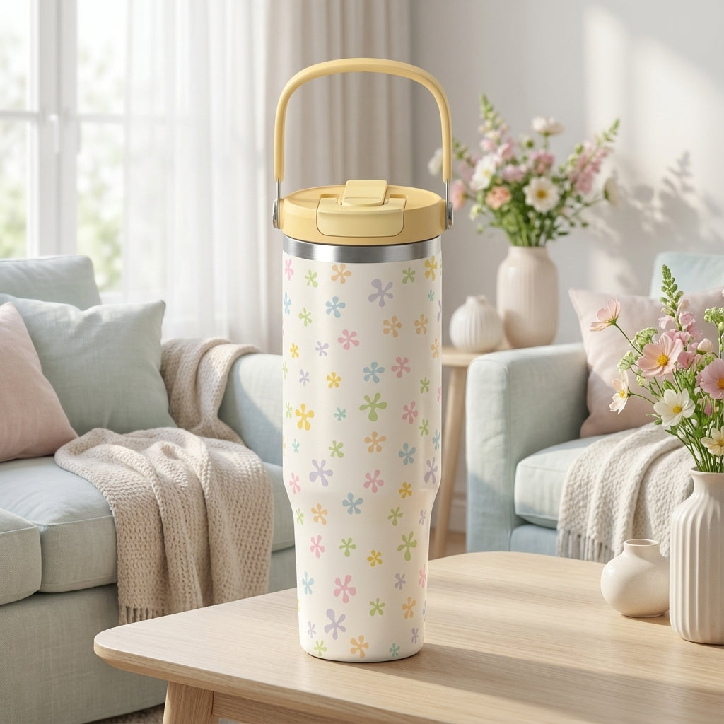 Cream 40oz insulated tumbler featuring pastel pink and blue flowers with a pale yellow handle and lid standing in sunlight.
