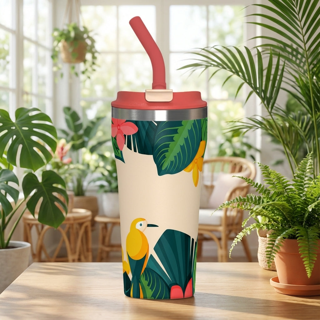 Beige 16 oz insulated tumbler with yellow bird and pink floral illustration, featuring a reddish-pink lid and straw.