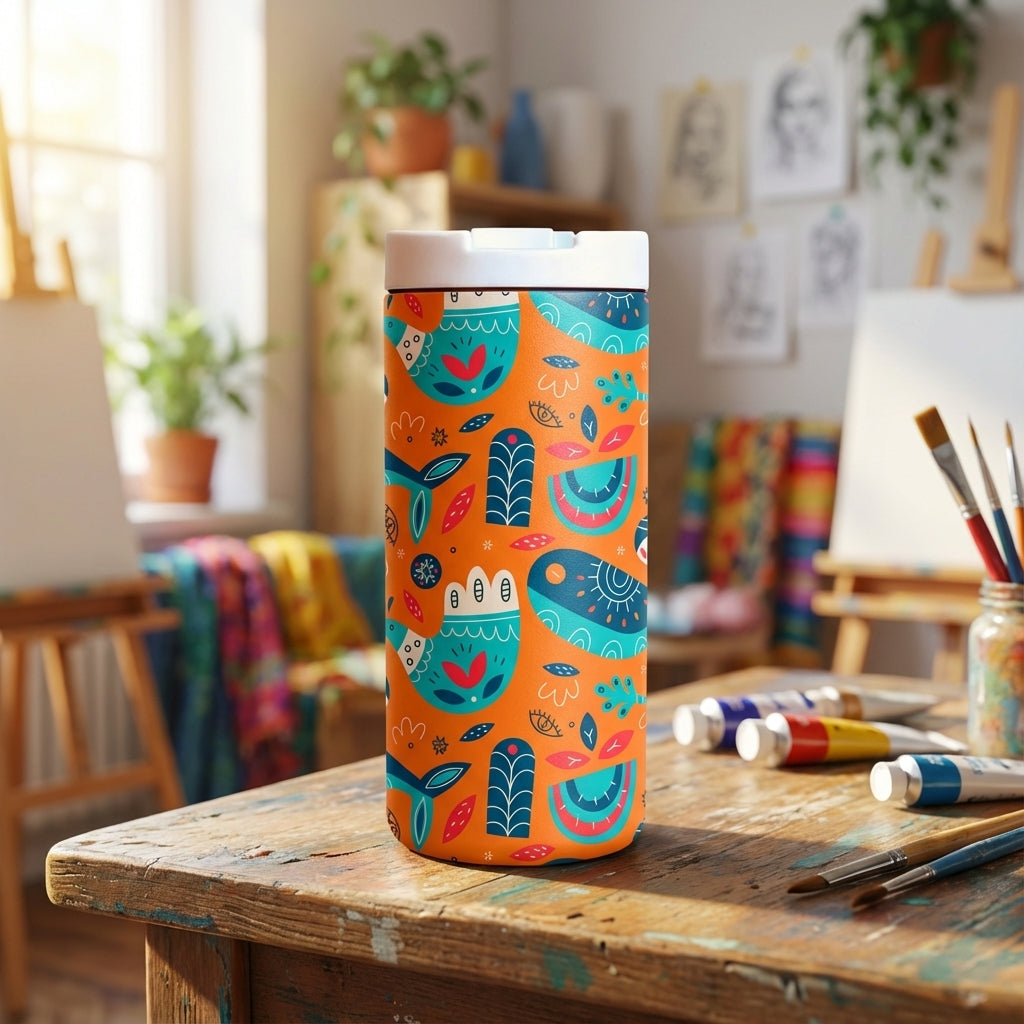 Orange Grouse 12 oz tumbler featuring Scandinavian folk art pattern with stylized birds and floral motifs in teal and red, sitting on a wooden surface.