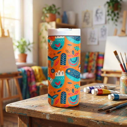 Orange Grouse 12 oz tumbler featuring Scandinavian folk art pattern with stylized birds and floral motifs in teal and red, sitting on a wooden surface.
