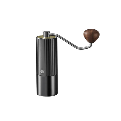 LAMOSE zeroHero Z3 Pro manual coffee grinder in dark grey with a ribbed body, a sleek silver crank, and a rich wooden handle knob, isolated.