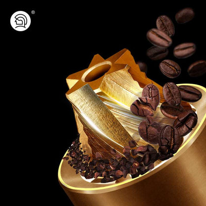 LAMOSE zeroHero Z3 Pro golden hand burr grinder, angled closeup of its precision conical burrs crushing dark coffee beans and grounds.