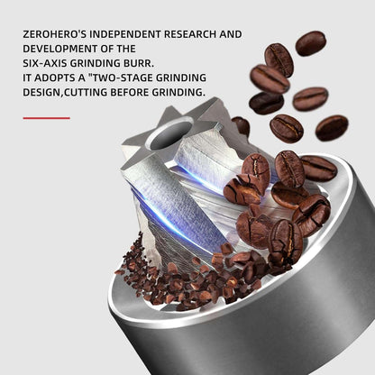 LAMOSE zeroHero Z3 Pro hand grinder's silver six-axis metal burr, shown close-up, cutting and grinding brown coffee beans for two-stage precision.