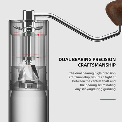 LAMOSE zeroHero Z3 Pro manual coffee grinder, transparent, highlighting silver dual bearings and shaft for stable grinding.