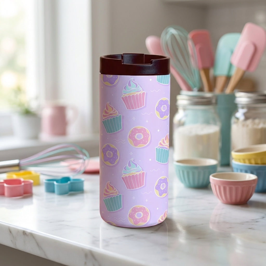 LAMOSE Grouse 12 oz tumbler featuring a light purple background with a repeating pattern of pastel cupcakes and donuts sitting on a marble kitchen counter.
