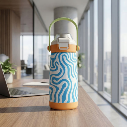 White LAMOSE Goose 14oz kids water bottle with abstract blue flow lines, orange base and lid, standing on a wooden surface.