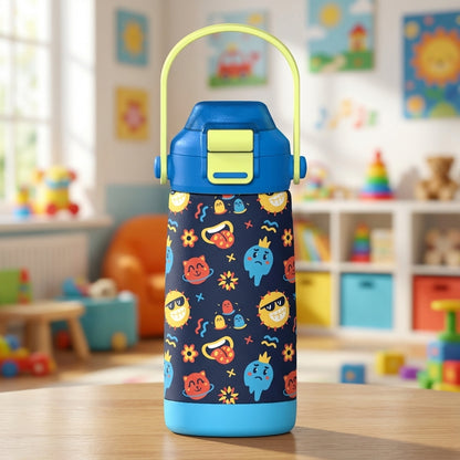 LAMOSE Goose 14oz kids water bottle with dark blue sleeve featuring colorful cartoon doodles, yellow suns, and playful ghost characters.