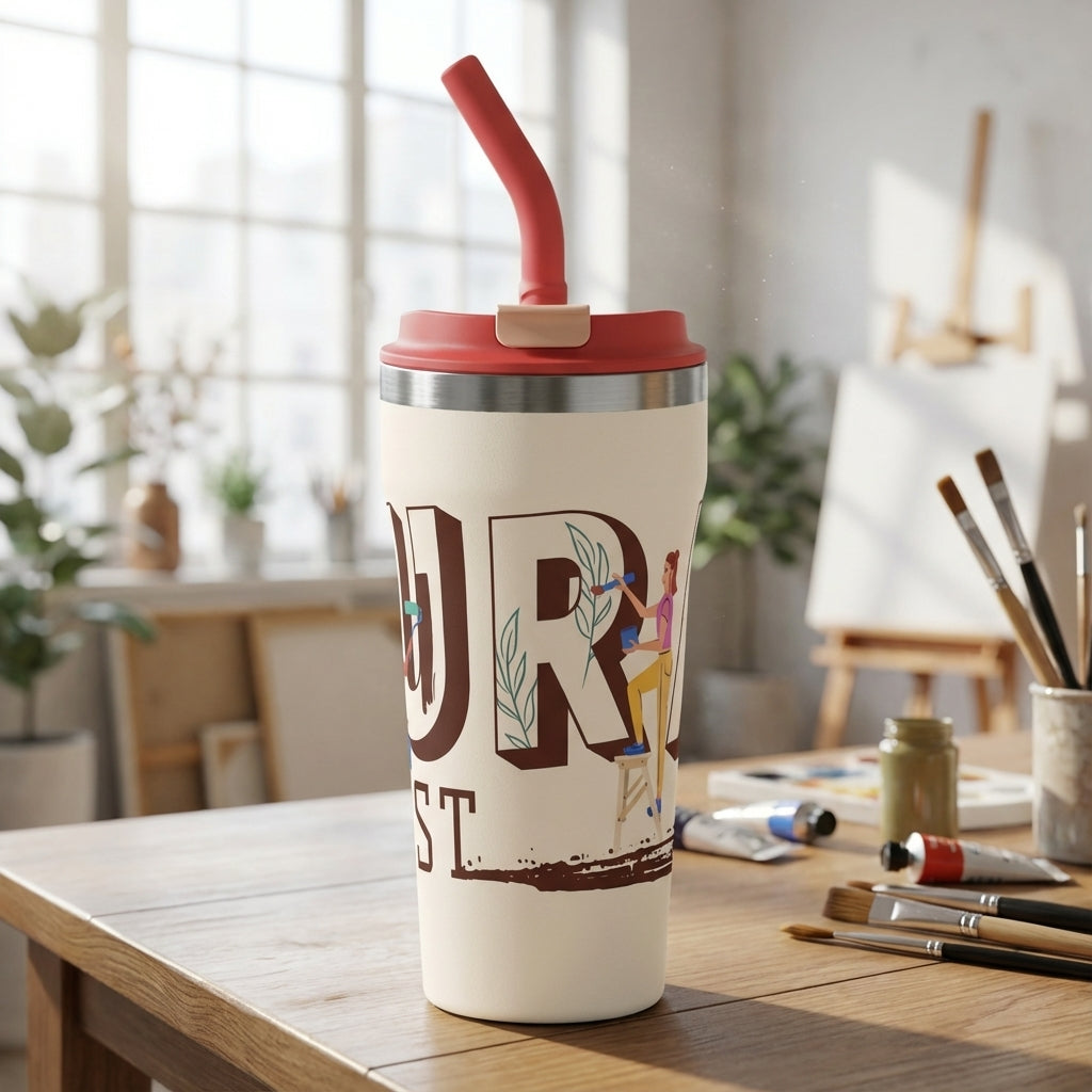 Beige 16oz insulated tumbler with red lid and straw featuring Our Artist text and illustration of a woman painting on a ladder with plants