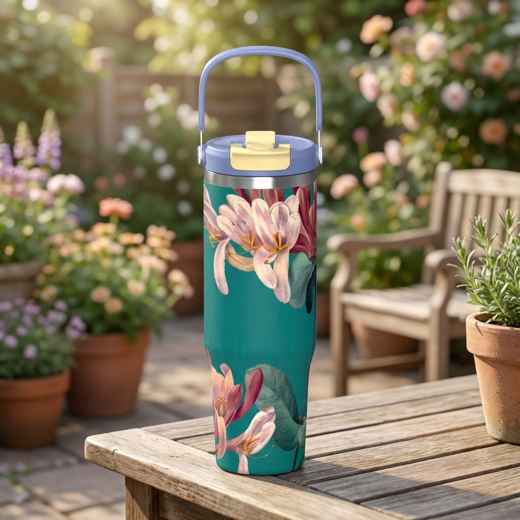 Cascade 40 oz tumbler in teal with pink floral pattern sitting on a wooden table in a sunlit garden