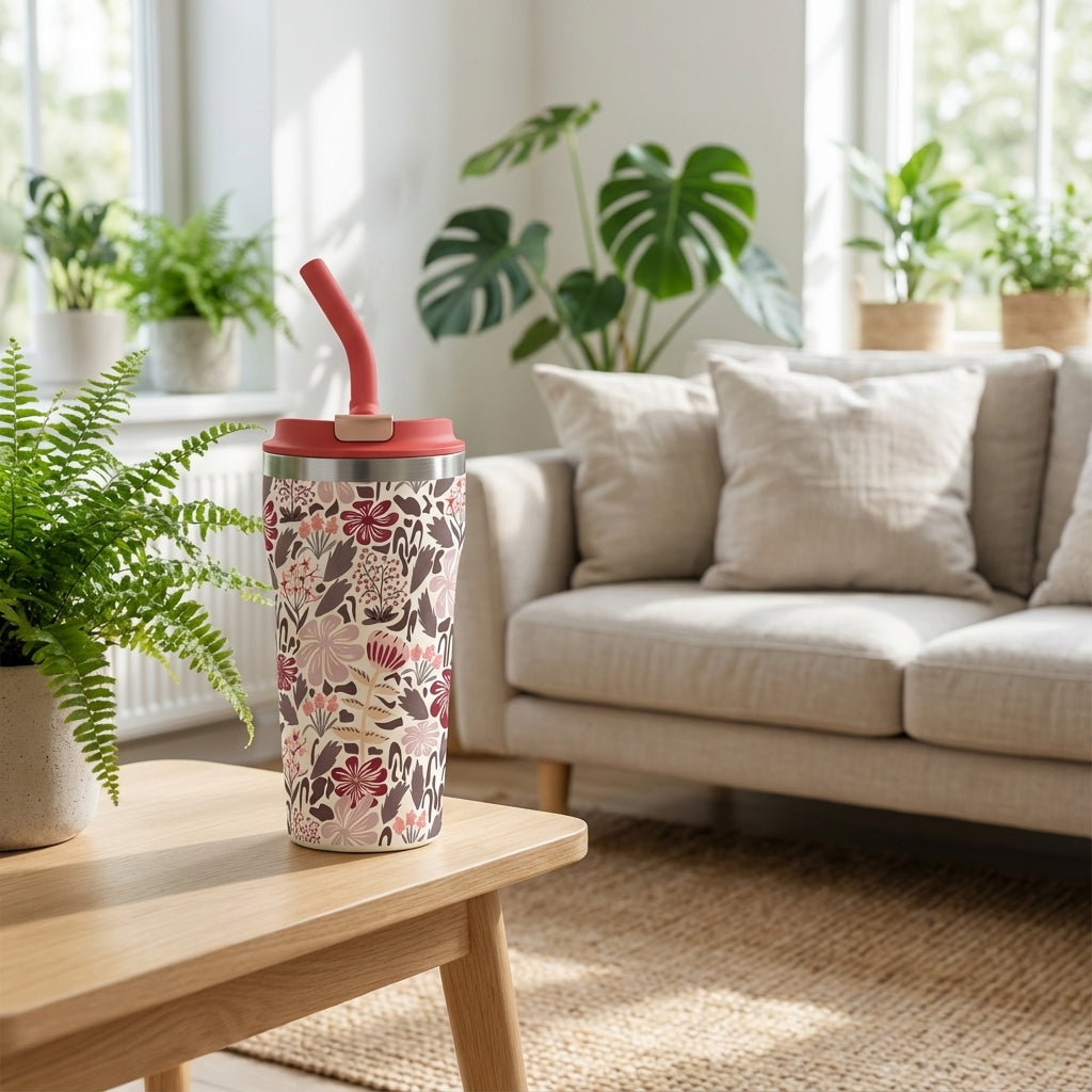 Cream and burgundy floral patterned 16oz insulated tumbler with matching straw sitting on a wooden table in a sunlit living room