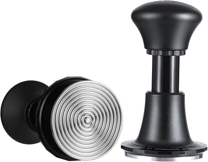 Adjustable espresso tamper with spiral-textured stainless steel base, ergonomic black handle, and precision leveling design for even coffee puck compression.