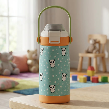 LAMOSE Goose 14oz kids water bottle featuring a textured cartoon panda pattern on a light green background with orange accents and a grey handle lid.