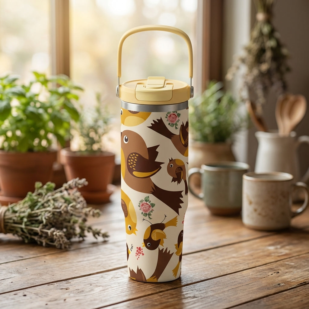 Cream 40oz travel mug with pastel yellow handle featuring stylized brown birds, pink roses, and red berries pattern sitting on a rustic wooden table.
