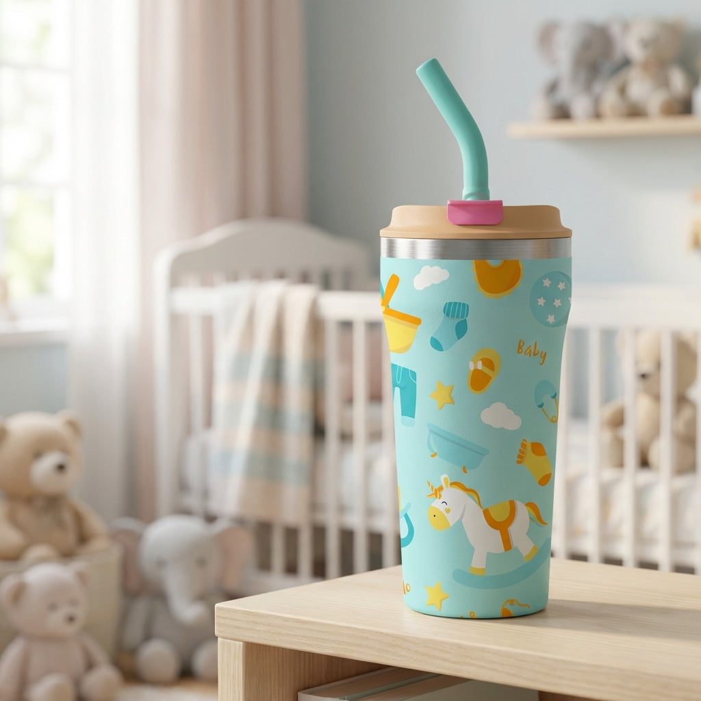 Light blue 16oz insulated tumbler featuring baby nursery illustrations like rocking horses and stars with a mint green straw