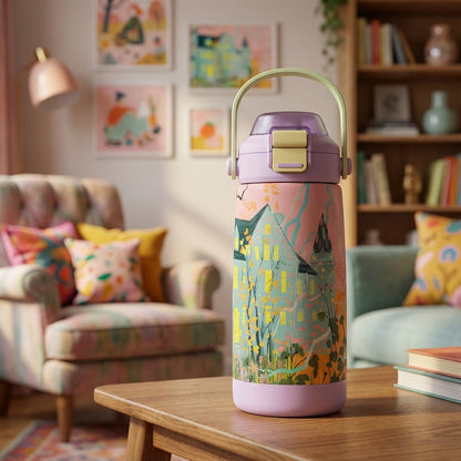 Pink LAMOSE Goose 14oz kids water bottle featuring an illustration of a teal house with glowing yellow windows surrounded by colorful forest foliage.