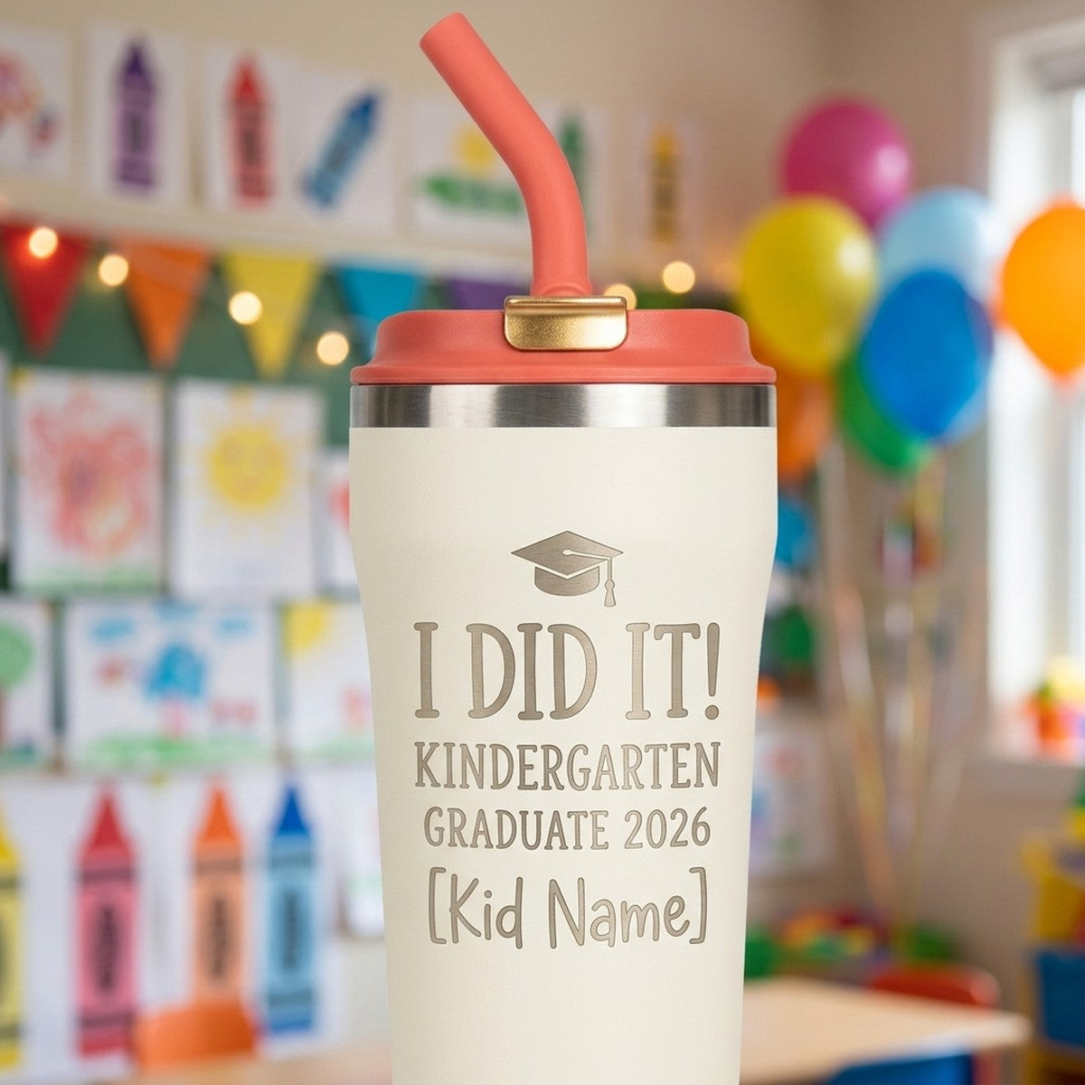 "I Did It! Kindergarten Graduate 2026" Engraved Bow 16oz Straw Tumbler