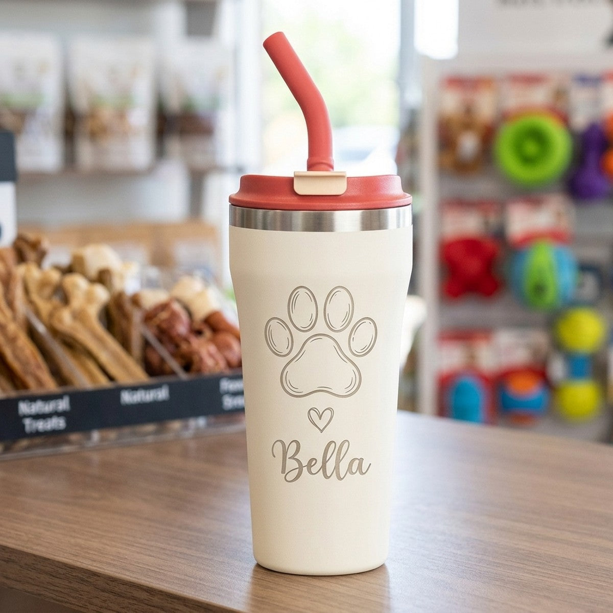 Paw Print + Pet Name Engraved Bow 16oz Straw Tumbler — Snow
