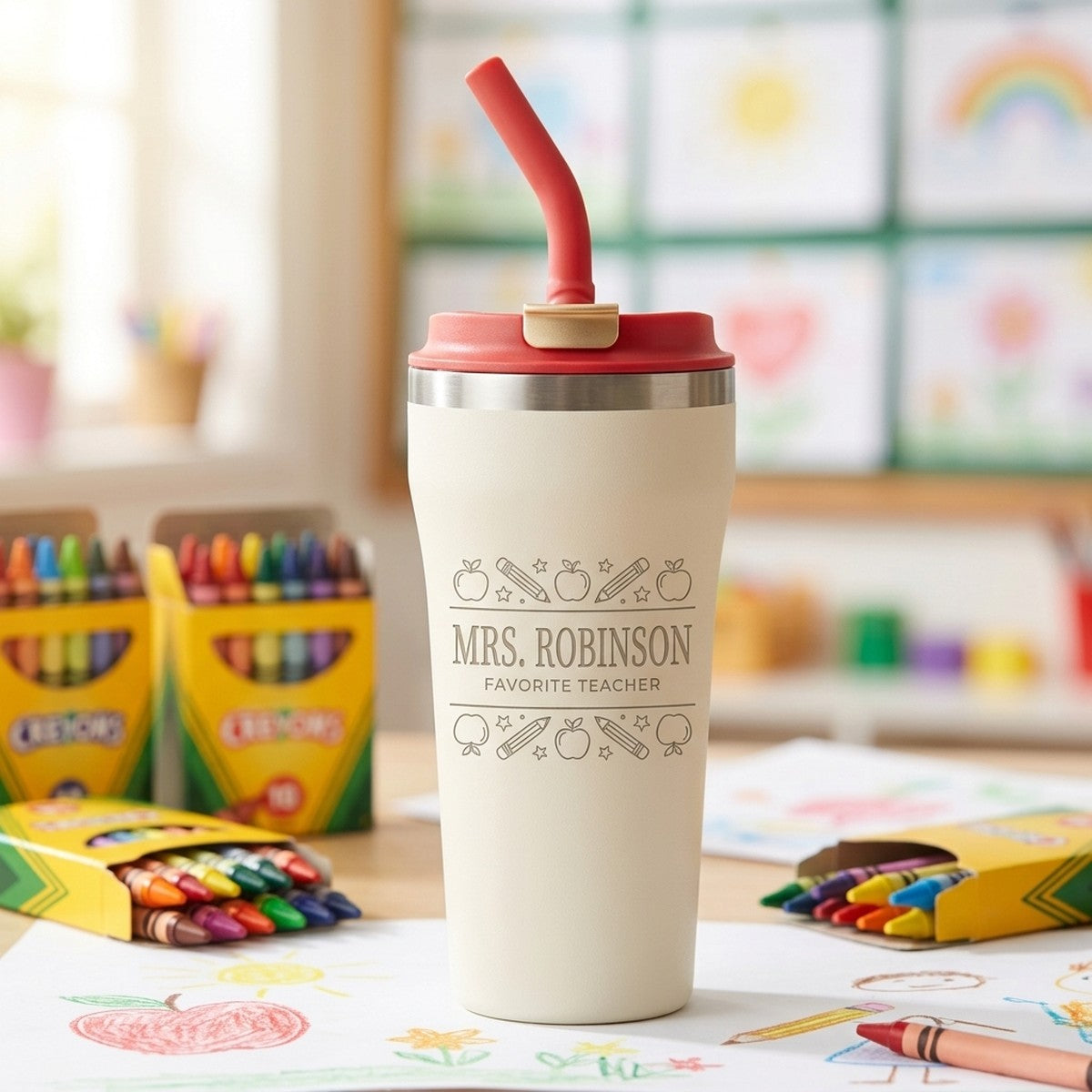 Pencil Border Favorite Teacher Engraved Bow 16Oz Tumbler Snow — personalized teacher appreciation gift engraved in Calgary, Canada