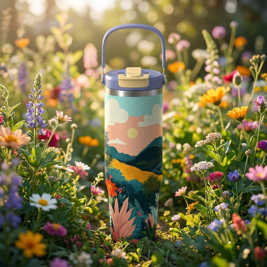 LAMOSE Cascade 40oz insulated tumbler featuring a stylized pastel landscape and wildflower illustration standing in a field of real flowers.