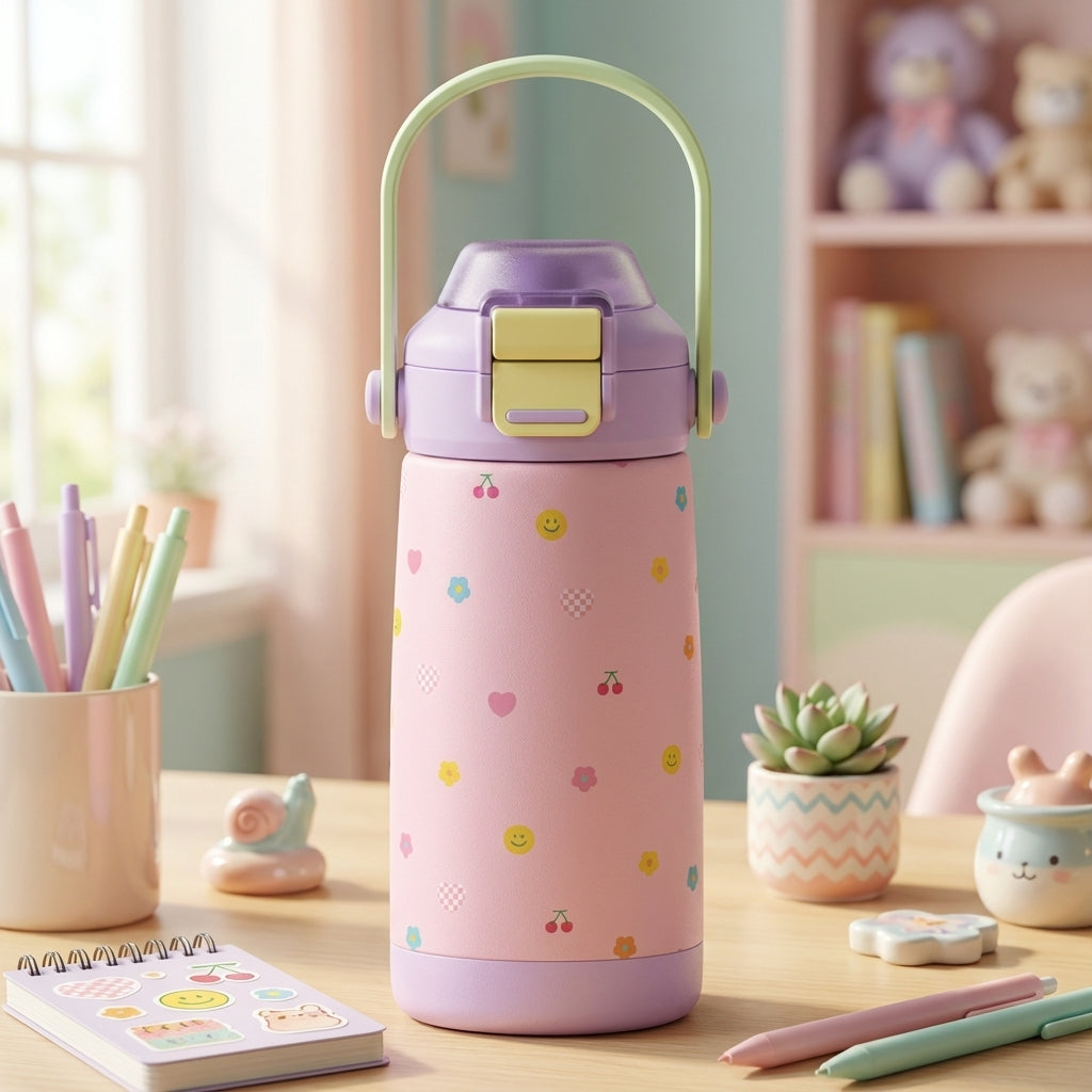 Light pink Goose 14oz kids water bottle featuring a pattern of pastel smiley faces, cherries, and hearts, with a lilac top and pale green handle.