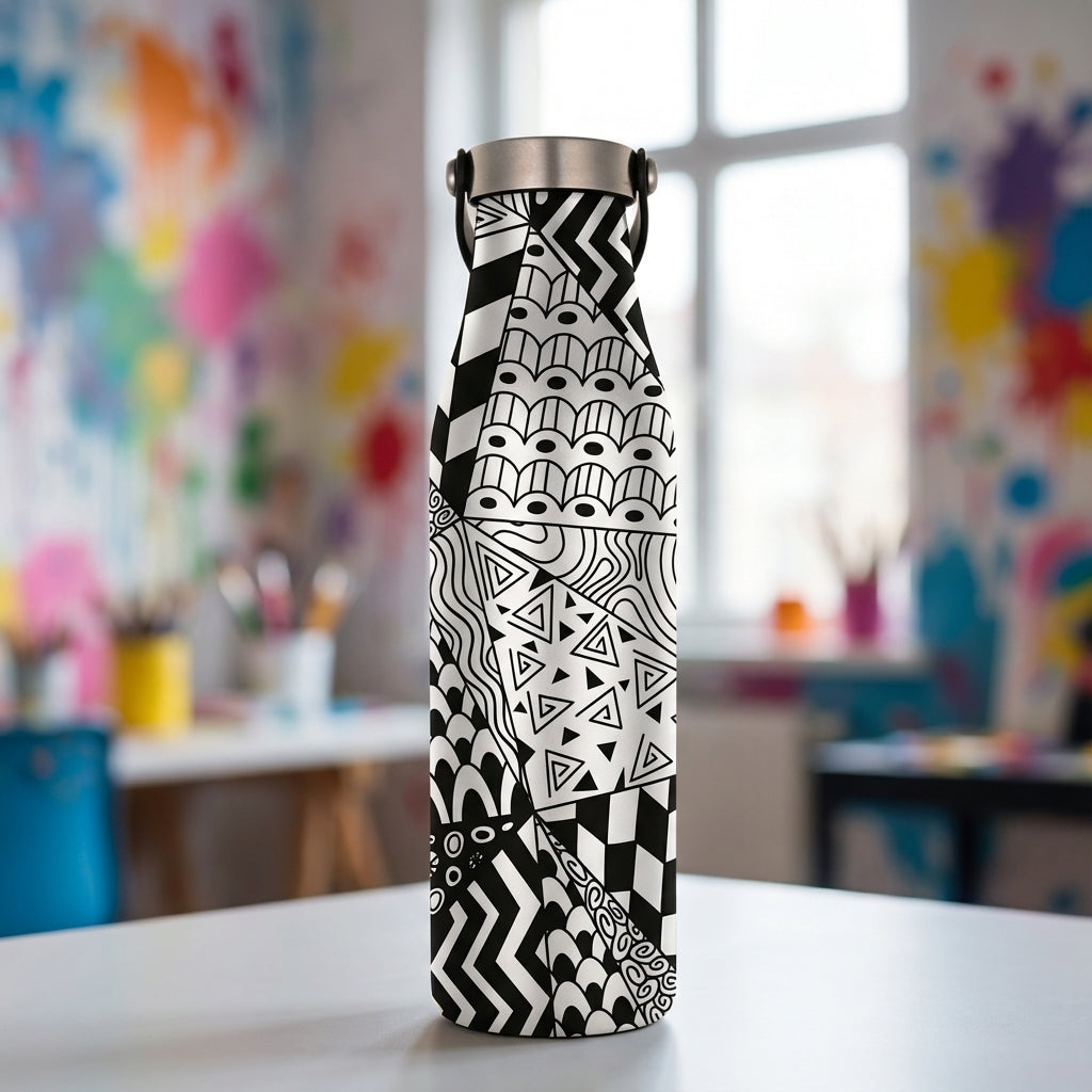 LAMOSE Robson 21 oz insulated water bottle featuring a complex black and white geometric abstract pattern with zig-zags and swirls.