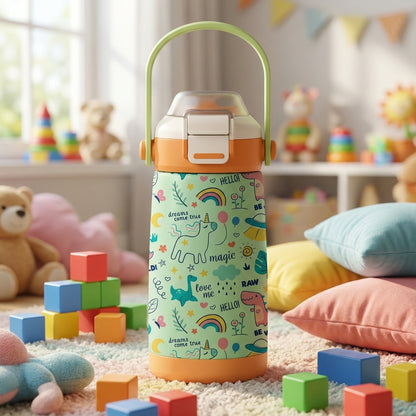 Light green LAMOSE Goose 14oz kids water bottle featuring illustrations of unicorns, dinosaurs, planets, and rainbows with orange accents.