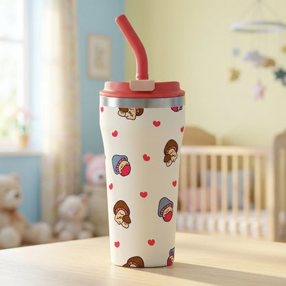 White LAMOSE Bow 16 oz tumbler featuring a cute pattern of blue and brown cartoon mushrooms with red cheeks and small hearts, topped with a coral red lid and silicone straw.
