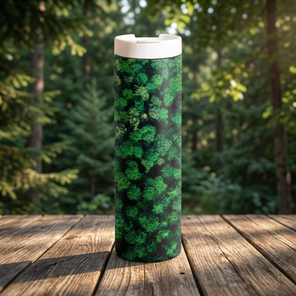 LAMOSE Grouse 20 oz tumbler featuring a textured aerial green forest pattern standing on a weathered wooden deck