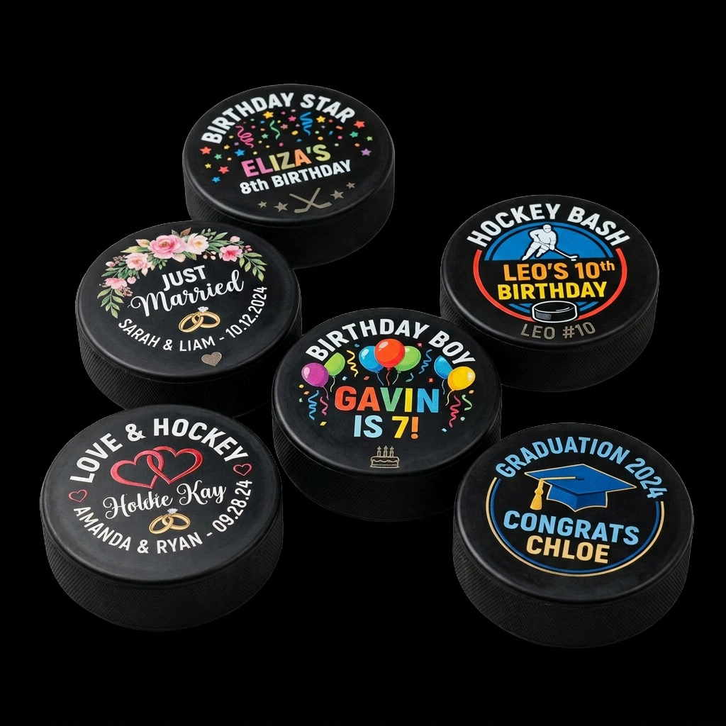 Custom full-colour hockey pucks for celebrations — top-face printed designs