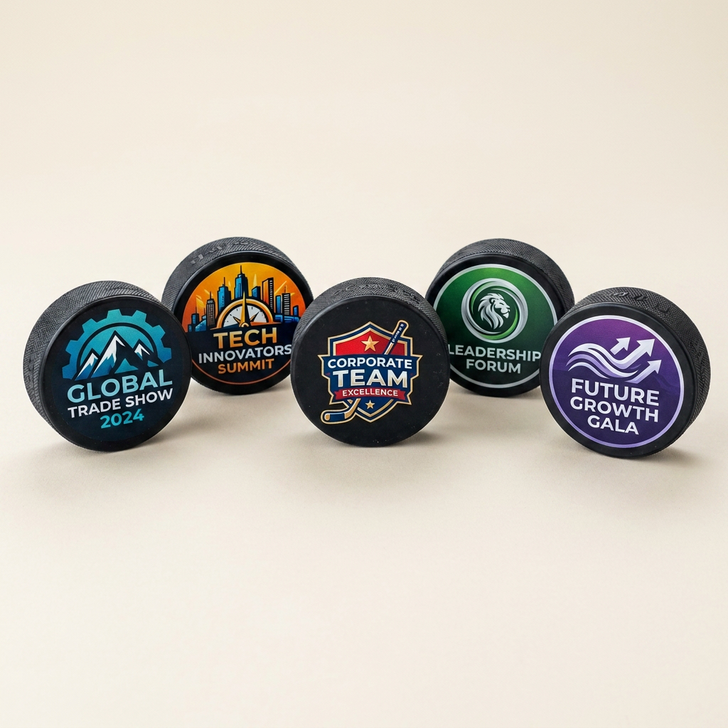 Custom full-colour hockey pucks for corporate events — top-face printed designs