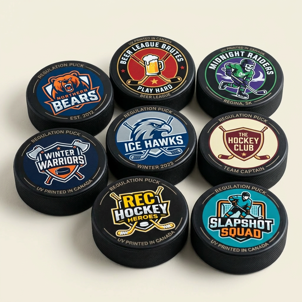 Custom full-colour hockey pucks for teams and leagues — top-face printed designs