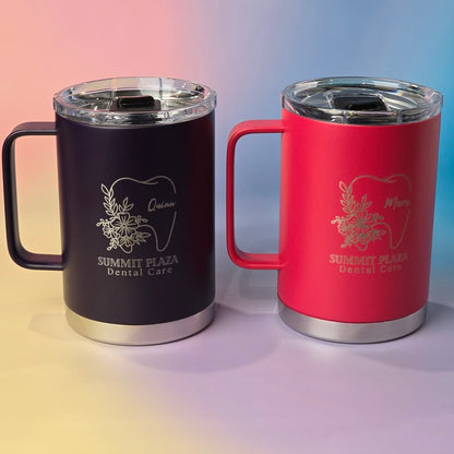 LAMOSE Hudson Pro Max 24 oz insulated mugs in deep purple and vibrant red, front view, with handles, clear lids, and custom laser engraving.