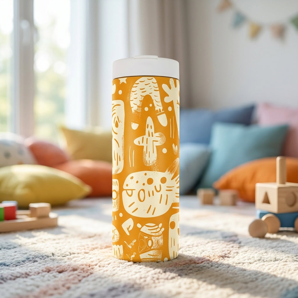 Mustard yellow LAMOSE Grouse 16 oz tumbler featuring off-white whimsical doodles of fish and cacti standing on a textured light rug.