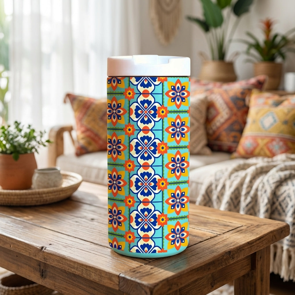 LAMOSE Grouse 12oz insulated tumbler featuring a light blue Mediterranean tile pattern with orange and yellow floral details on a white background