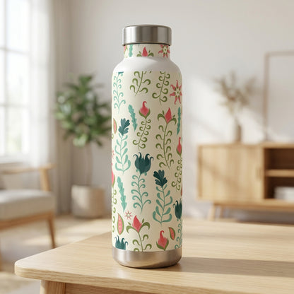 Close-up of Moraine 27 oz stainless steel water bottle featuring a cream background with teal, green, and pink floral botanical pattern on a wooden table.
